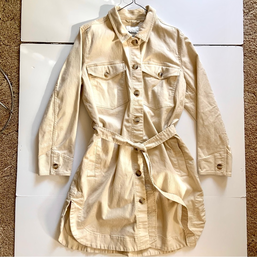 Madewell Chore Coat Womens Large Long Belted Vienna Cream White Button Jacket